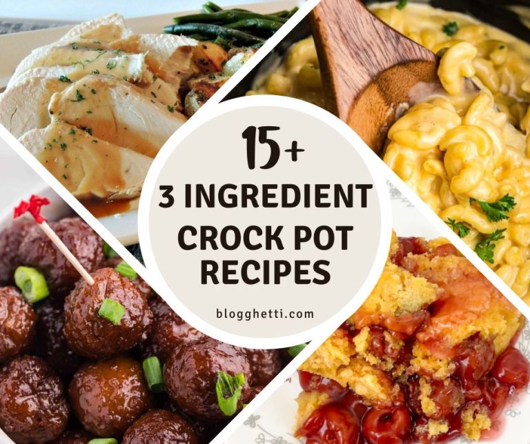 quare collage with four food images: top left shows sliced chicken with green beans; top right, macaroni and cheese being stirred with a wooden spoon; bottom left, meatballs with green onions; and bottom right, a cherry cobbler. A circular text overlay in the center reads '15+ 3 Ingredient Crock Pot Recipes'