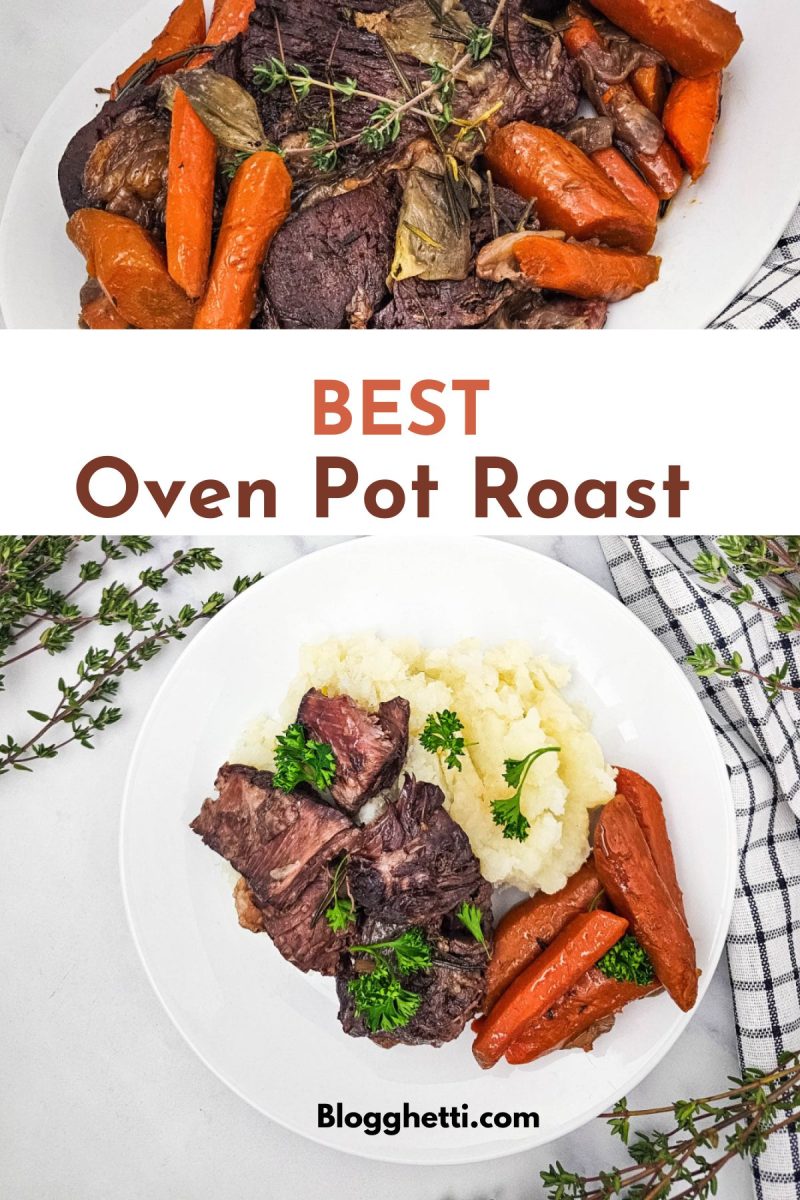 Overhead view of a plate featuring tender oven pot roast with carrots and mashed potatoes, garnished with fresh parsley. The text overlay reads "Melt-in-Your-Mouth PERFECT Oven Pot Roast". Fresh thyme and a checkered cloth are placed alongside the plate on a white background.