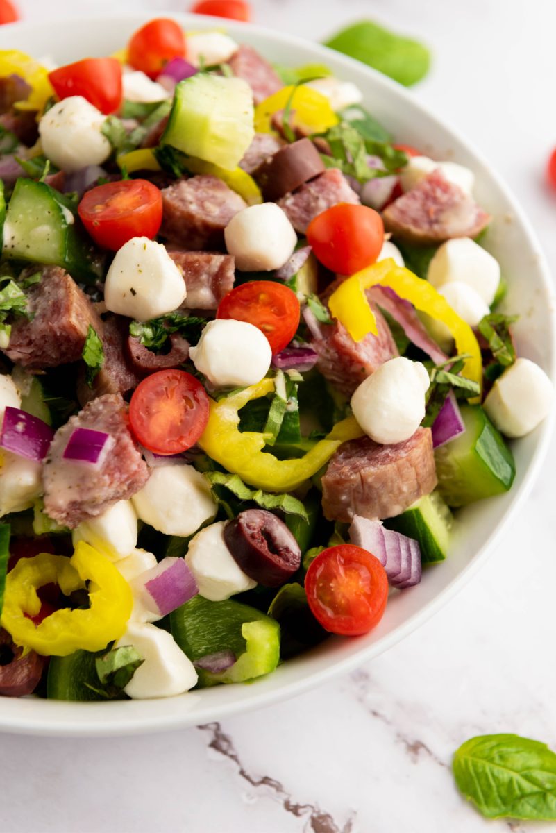 Chopped salad in white bowl