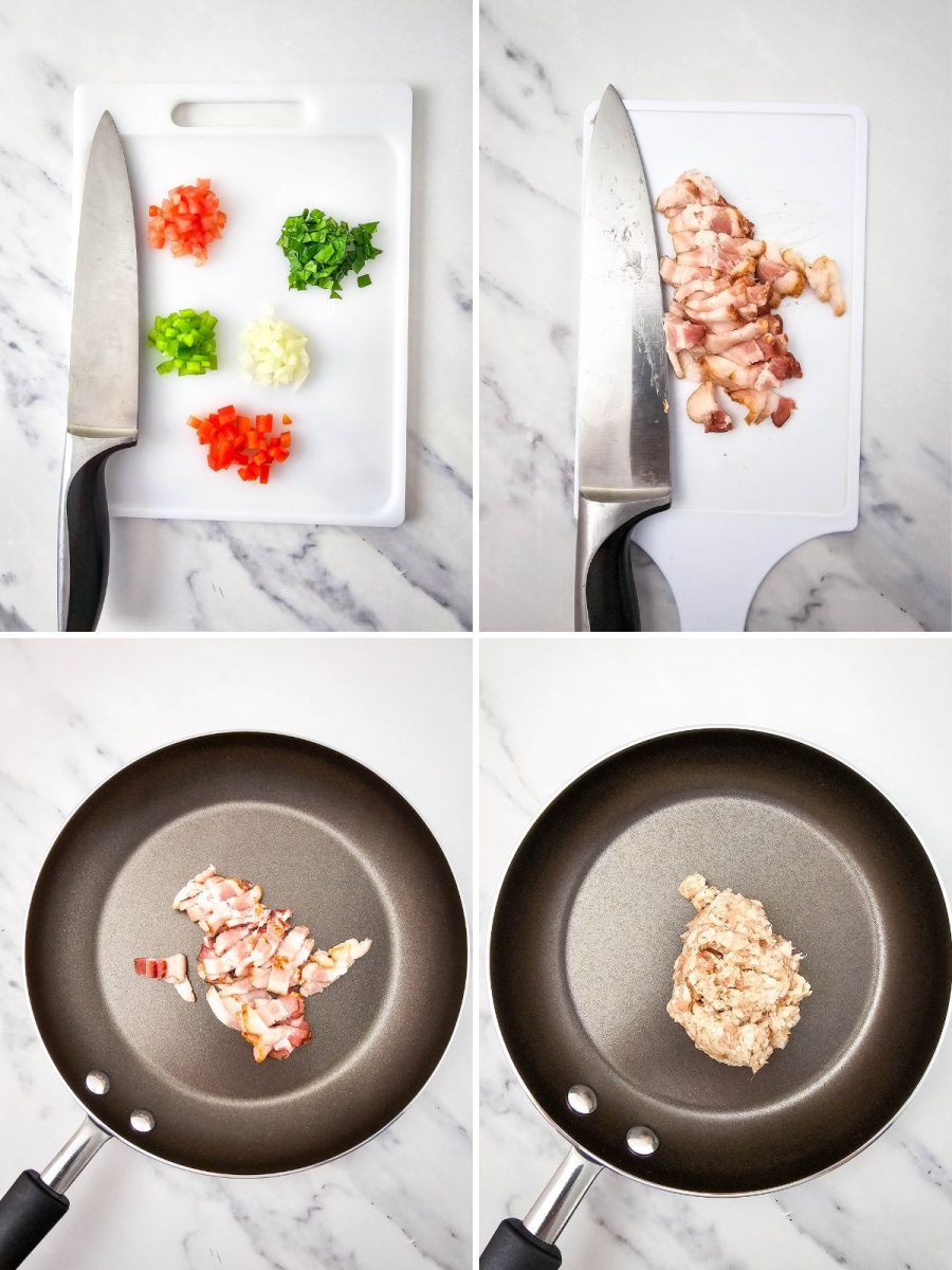 chopping veggies and cooking meats process image collage