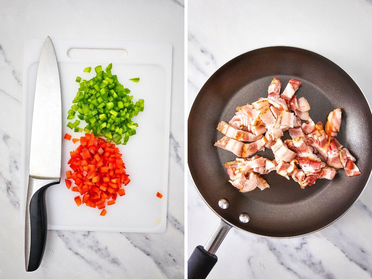 dice peppers on board and cook bacon