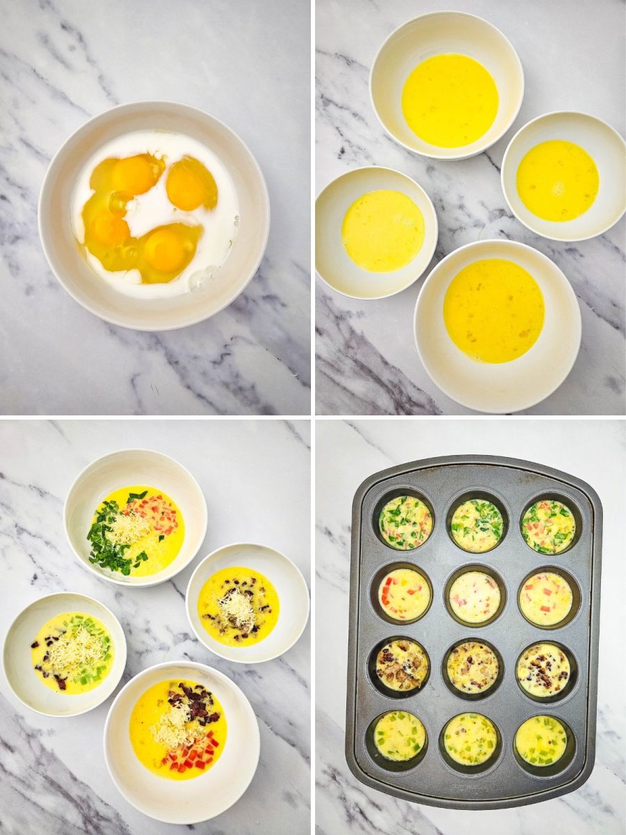 mixing eggs and add ins to bake in muffin tin process collage
