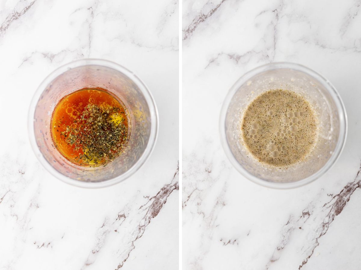 mixing salad vinaigrette in bowl
