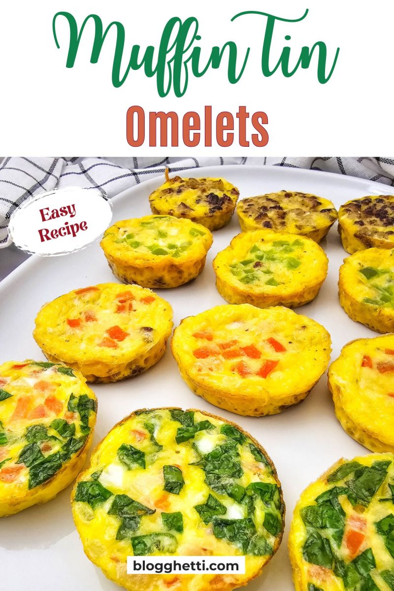 A white plate holds twelve golden-yellow muffin tin omelets, each filled with colorful vegetables like red peppers, green onions, and spinach. With some having bacon and sausage. The title "Muffin Tin Omelets" is written in a playful green script and bold red letters at the top. A small white circle with a red banner reading "Easy Recipe" is in the upper left corner.