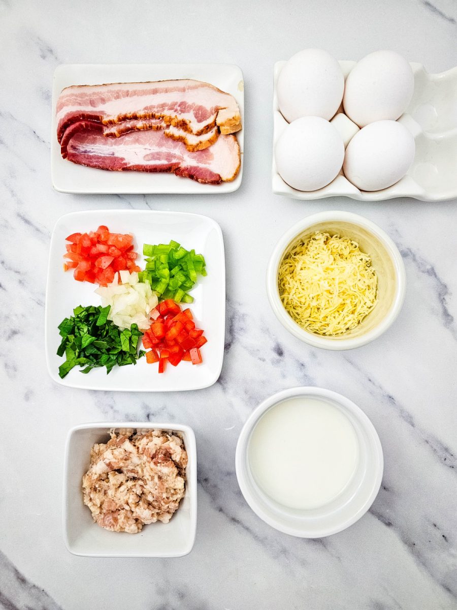 overhead shot of ingredients for mini omelets