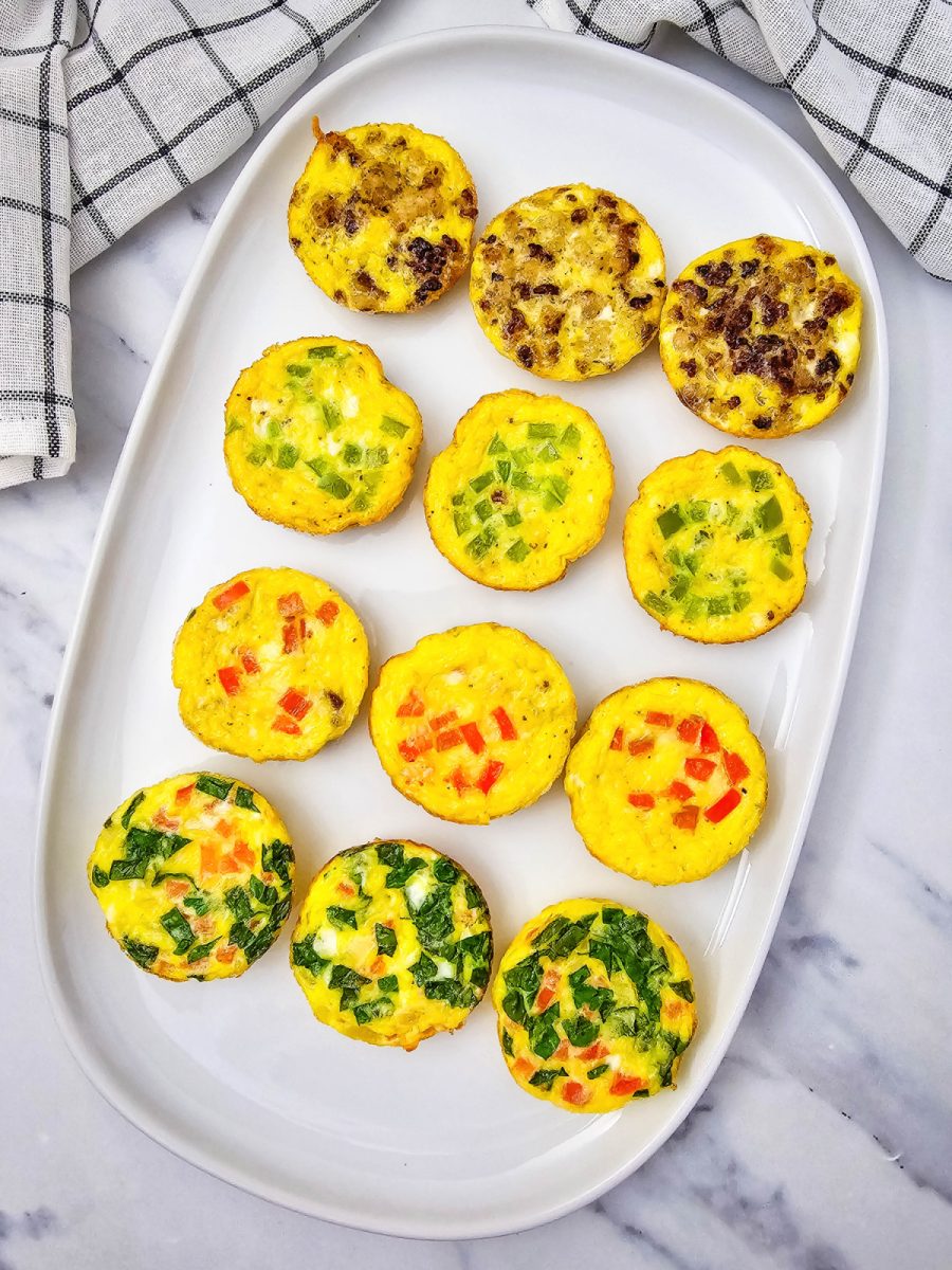 overhead view of tray with 4 kinds of mini omelets