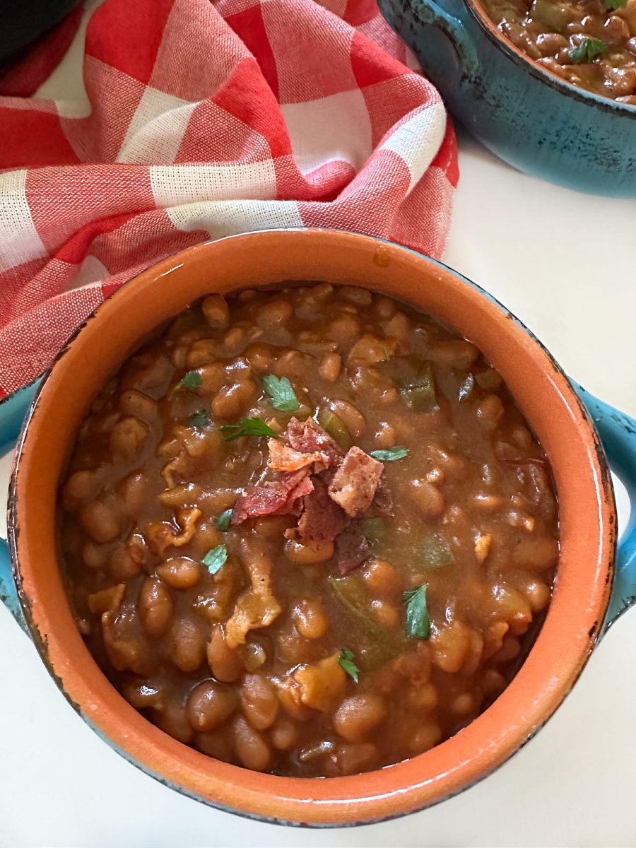 close up of blue tan bowl with beans