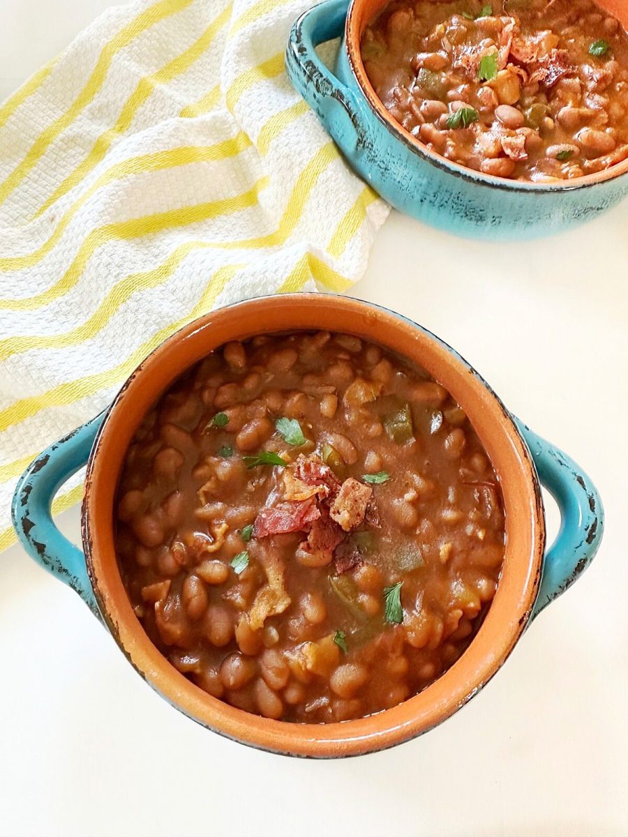 overhead picture of bowls with bbq beans