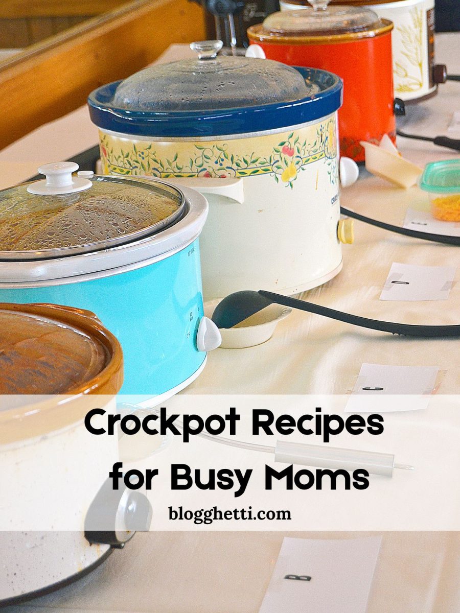 A row of colorful slow cookers on a table, each plugged in and labeled, with the text “Crockpot Recipes for Busy Moms
