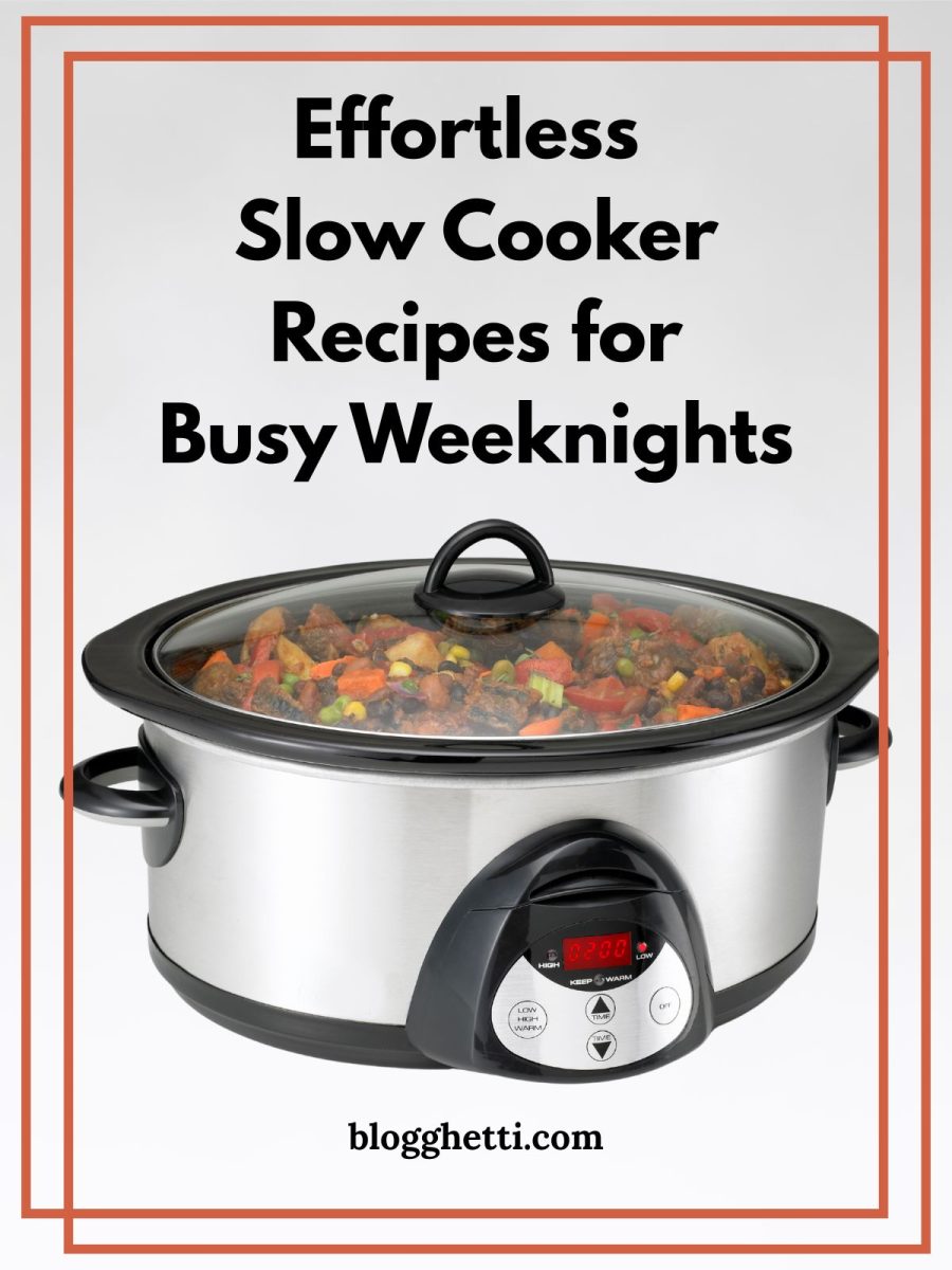 A stainless steel slow cooker filled with a hearty beef and vegetable stew, with the text “Effortless Slow Cooker Recipes for Busy Weeknights