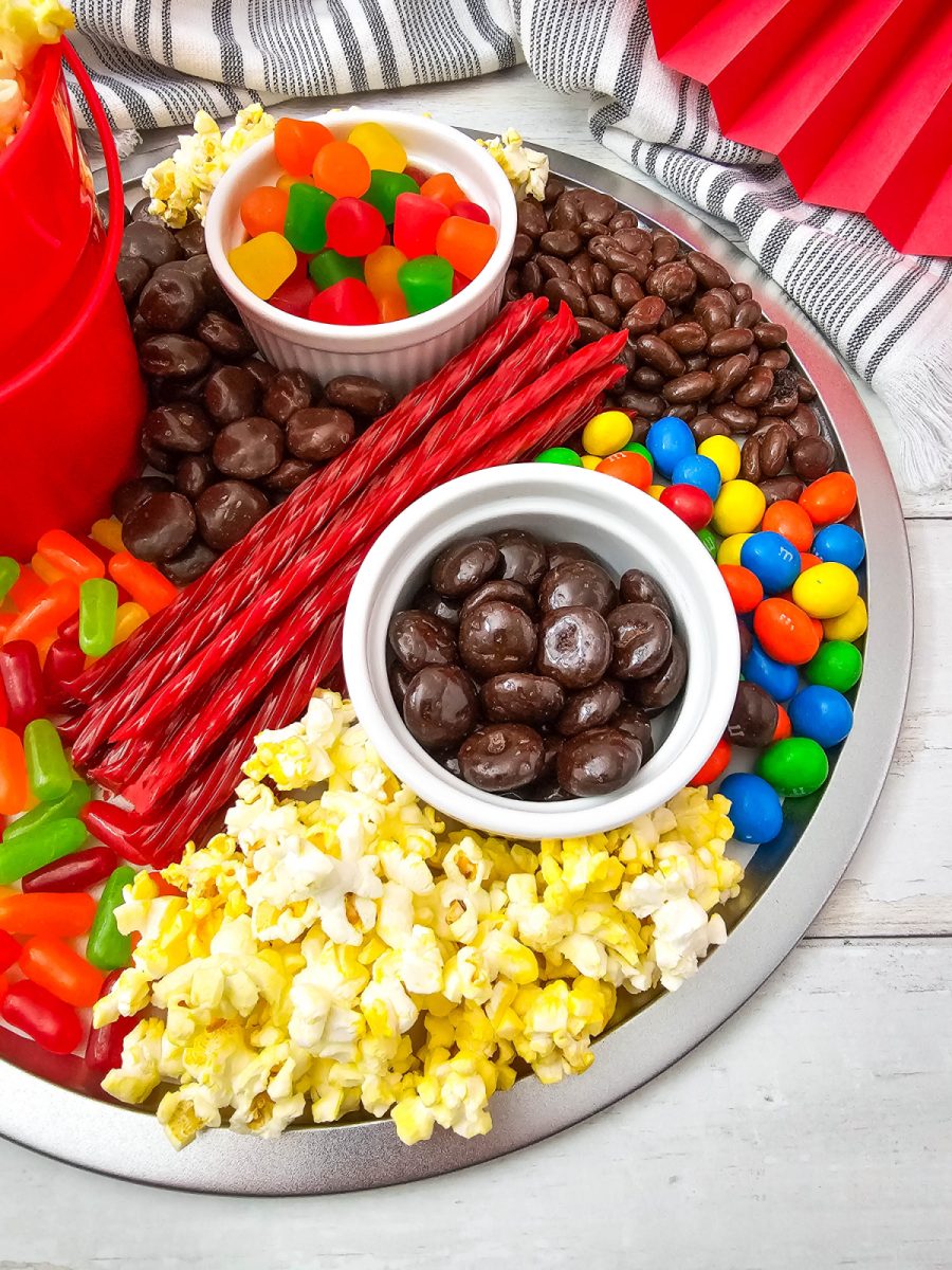 close up of candy and popcorn on tray