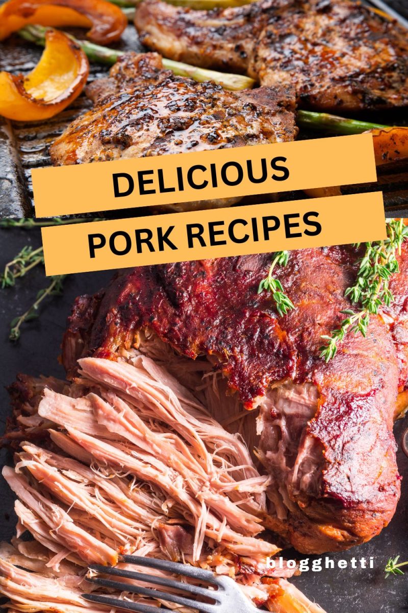 A collage displays two pork dishes. The top image shows grilled pork chops with roasted peaches and green beans. The bottom image features a pulled pork roast garnished with fresh thyme.