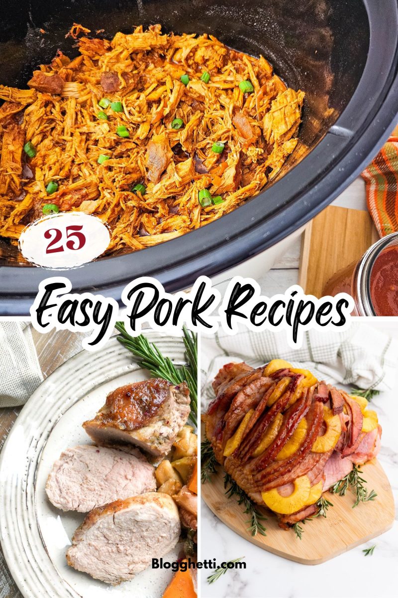 A collage of four pork dishes. The top left shows shredded BBQ pork in a slow cooker. The bottom left features sliced pork tenderloin with roasted vegetables. The bottom right displays a glazed ham with pineapple slices. The top right shows a jar of barbecue sauce.