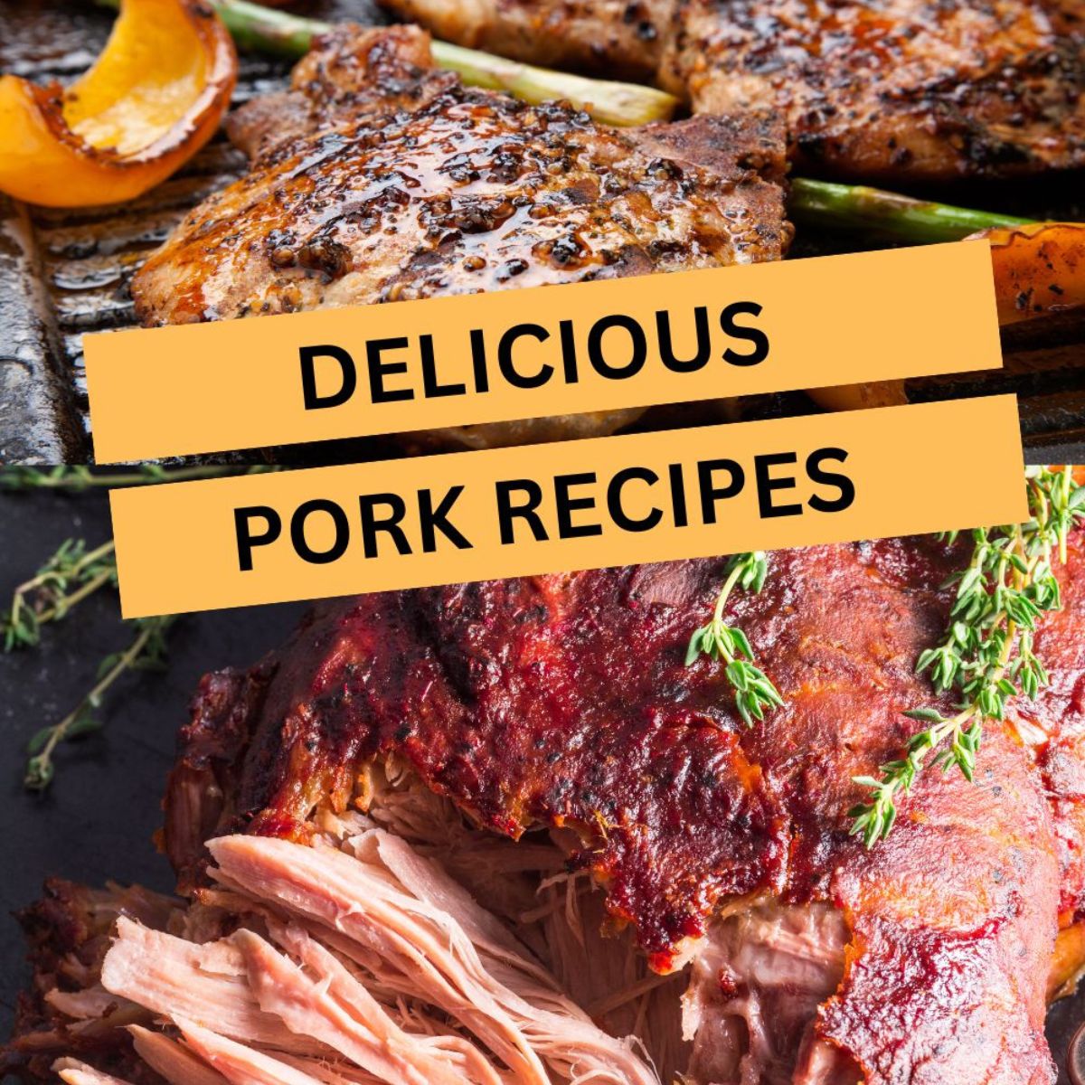 Grilled pork chops with char marks rest on a grill next to roasted vegetables with a fall-apart tender smoked pork shoulder in the foreground.