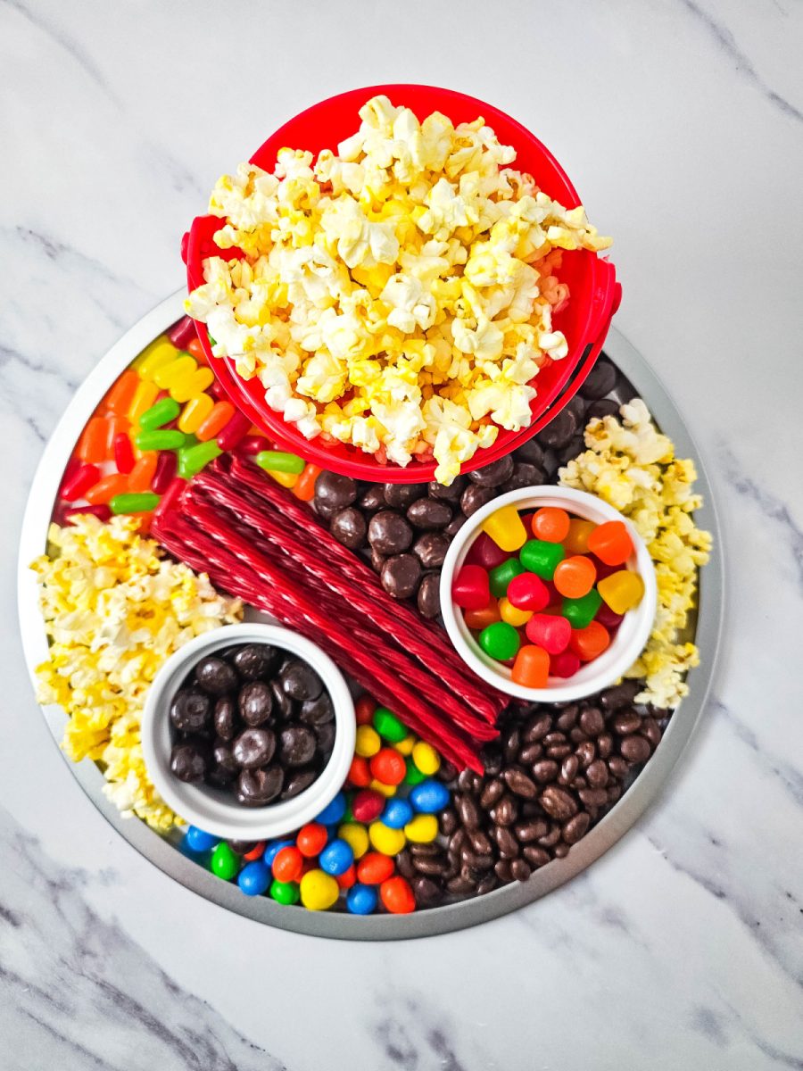finish snack tray with candy and popcorn