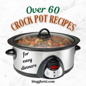 A close-up of a silver and black Crock-Pot slow cooker filled with a stew made of meat and vegetables. The text "Over 60 Crock Pot Recipes for easy dinners" is prominently displayed above and below the slow cooker.