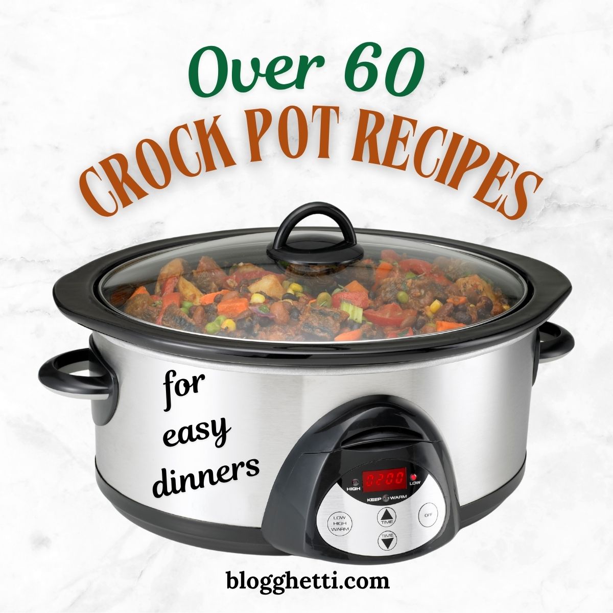 A close-up of a silver and black Crock-Pot slow cooker filled with a stew made of meat and vegetables. The text "Over 60 Crock Pot Recipes for easy dinners" is prominently displayed above and below the slow cooker.