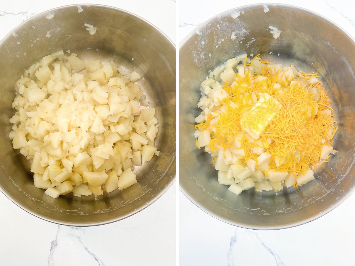 A split image showing two steps in making mashed potatoes. On the left, a silver mixing bowl contains a pile of cooked, cubed potatoes. On the right, the same bowl of cooked potatoes now has a generous pat of butter and a mound of shredded cheddar cheese added on top.