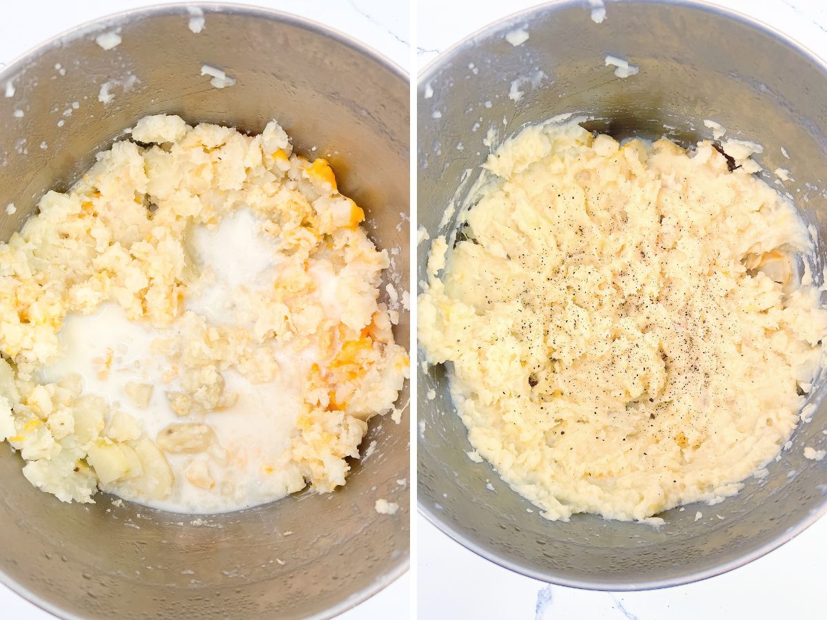 A split image illustrating two more steps in the mashed potato preparation. On the left, milk is being poured into a silver mixing bowl filled with cooked potatoes, butter, and cheese. On the right, the ingredients in the bowl have been mashed and seasoned with black pepper, resulting in a creamy, smooth texture.