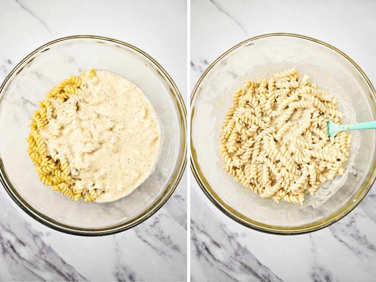 adding dressing mixture to pasta in glass bowl