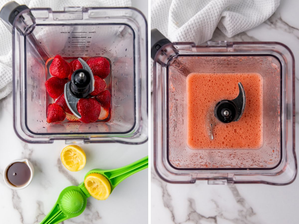 A two-panel image illustrating the blending process for popsicles. The left panel shows whole strawberries and lemon halves next to a blender with some strawberries inside, and a small dish of syrup. The right panel shows the blender with the strawberries fully pureed into a smooth, frothy pink liquid.