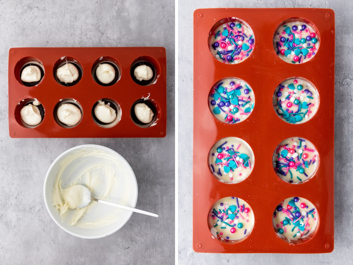 covering oreos with chocolate and adding sprinkles