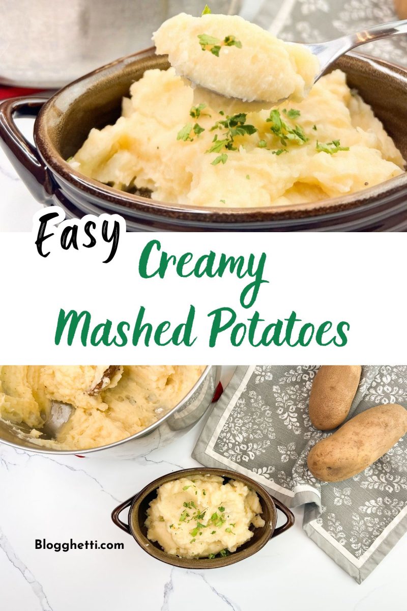 A vertical image split into two sections. The top section features a brown bowl overflowing with creamy mashed potatoes, garnished with fresh parsley, with a spoonful being lifted. The bottom section shows another bowl of mashed potatoes and two whole russet potatoes on a white marble surface with a patterned grey cloth. Overlaying the image is text that reads "Easy Creamy Mashed Potatoes"
