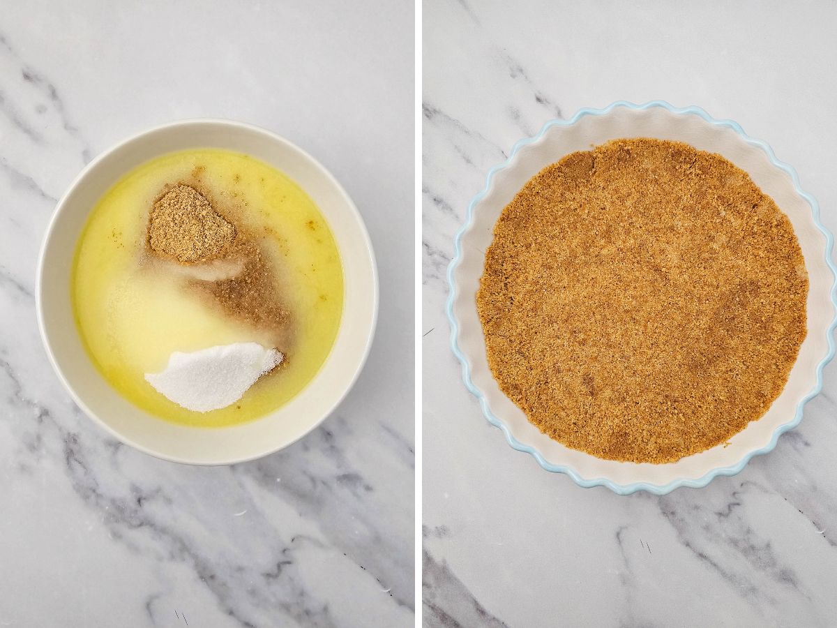  A two-panel image showing the making of the pie crust. On the left, a white bowl contains melted butter, graham cracker crumbs, and white granulated sugar. On the right, the mixed buttery graham cracker crust is pressed evenly into the bottom of a light blue pie dish.