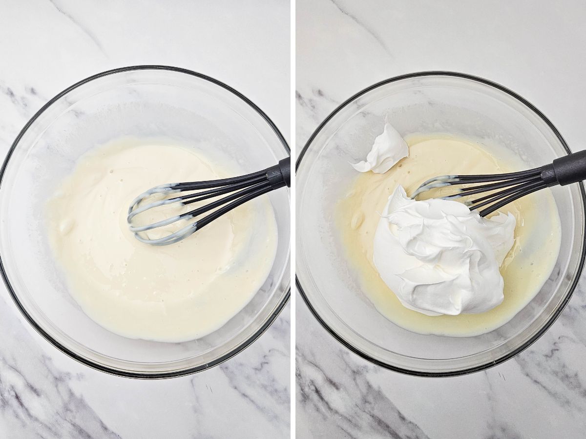 A two-panel image illustrating the key lime pie filling preparation. On the left, a clear bowl contains a pale yellow liquid, with a whisk resting inside. On the right, a dollop of white whipped topping has been added to the liquid in the bowl, next to the whisk.