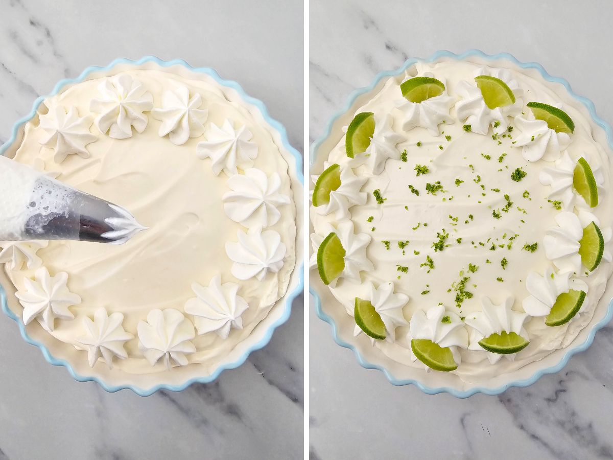 A two-panel image showing the pie being garnished. On the left, a piping bag with a star tip is piping swirls of white whipped topping onto the edge of a finished easy key lime pie in a light blue dish. On the right, the pie is fully garnished with whipped topping swirls, green lime wedges on top of each swirl, and sprinkled lime zest across the surface.