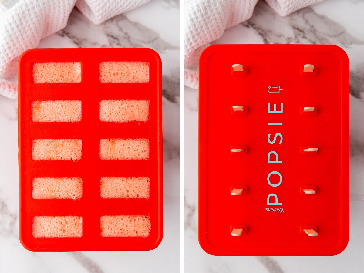 A two-panel image shows the process of making popsicles. The left panel shows a red silicone popsicle mold partially filled with a frothy, reddish-pink strawberry lemon mixture. The right panel shows the same red mold with its lid and popsicle sticks inserted, ready for freezing.