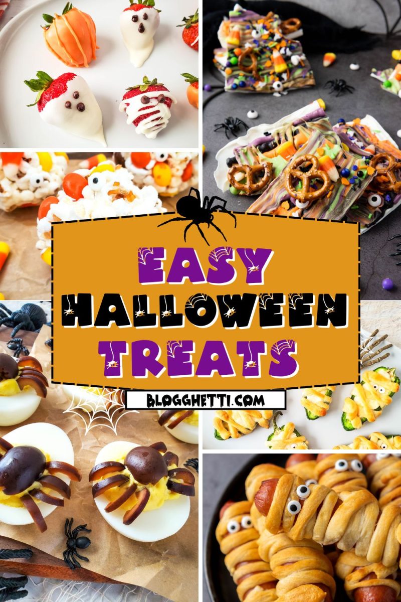 A collage of easy Halloween treats is displayed. The top-left corner shows strawberries dipped in white chocolate to look like ghosts and orange-dyed white chocolate to look like pumpkins. In the top-right, a candy corn-style treat is visible with a variety of colorful candies and pretzel sticks. The bottom-left features deviled eggs decorated with olives to look like spiders. The bottom-right corner shows jalapeño poppers wrapped in dough to look like mummies