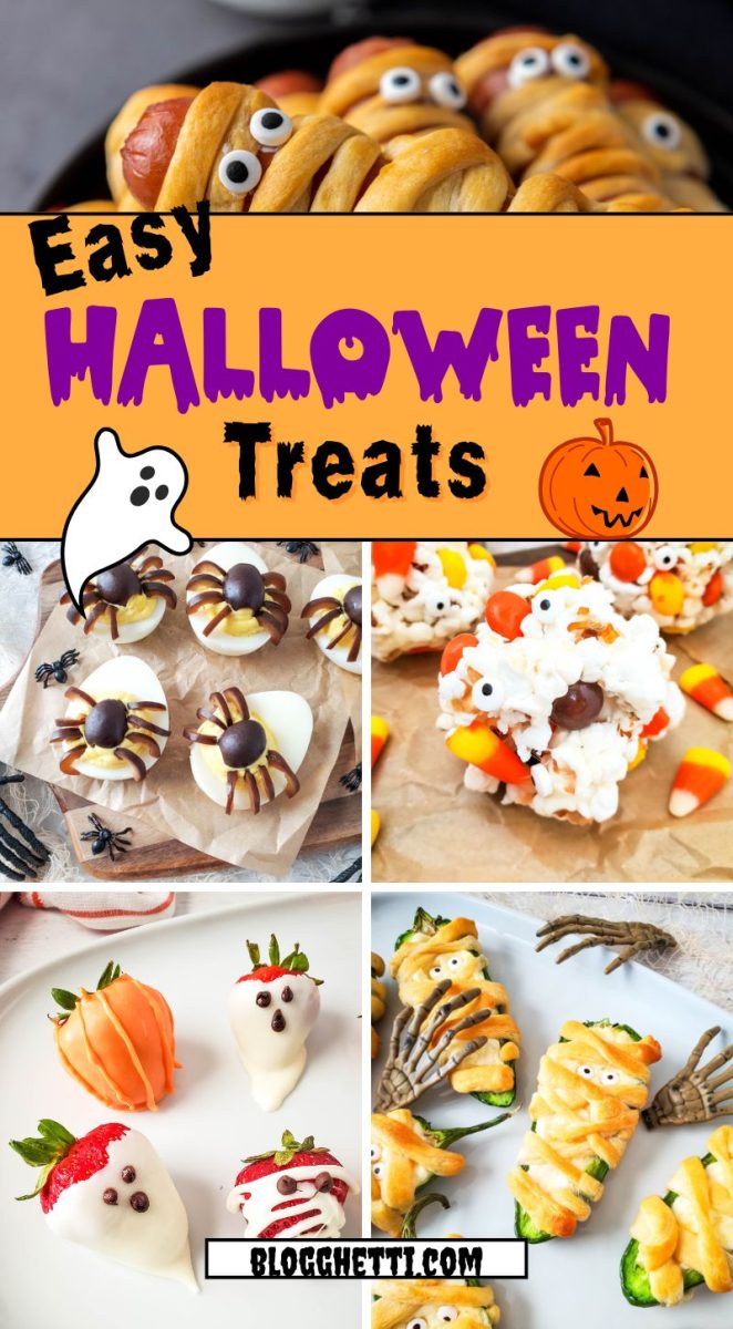 A vertical collage showcases easy Halloween treats. The top image is a close-up of hot dogs wrapped in dough to resemble mummies with small candy eyes. Below that, a ghost and pumpkin icon frame the text "Easy Halloween Treats." The bottom section is divided into three images: on the left, white chocolate-dipped strawberries are decorated as ghosts and pumpkins. In the middle, a rice crispy treat is topped with candy corn, candy eyeballs, and other Halloween candies. On the right, mummified jalapeño poppers are shown with a spooky skeleton hand prop.