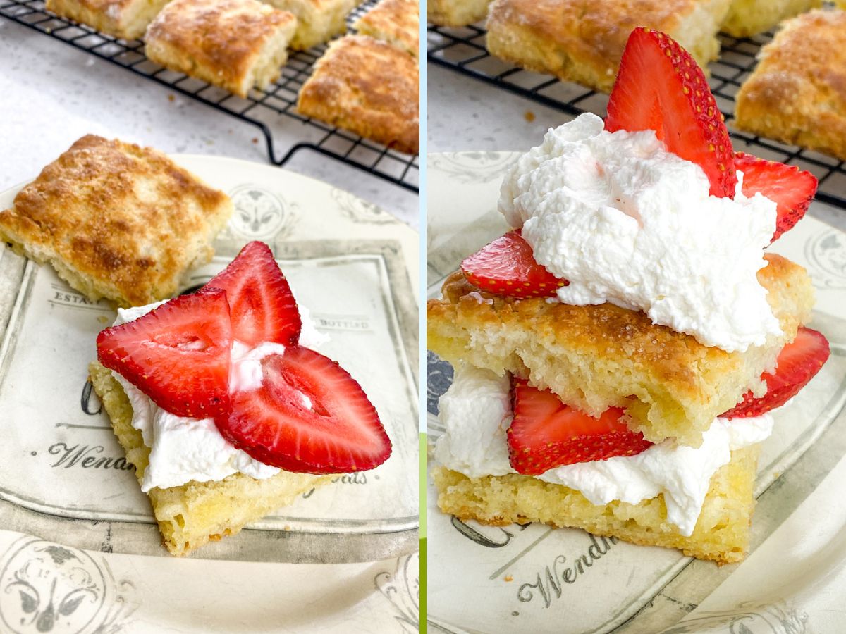 A split image of assembling a strawberry shortcake. The left side shows a biscuit half topped with whipped cream and sliced strawberries on a decorative plate. The right side shows the top half of the biscuit being placed on top to complete the shortcake.