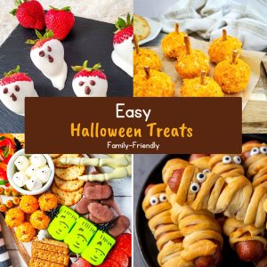 A collage of four easy Halloween treats is displayed. The top-left corner shows strawberries dipped in white chocolate to resemble ghosts. The top-right shows small cheese balls shaped like pumpkins with pretzel stems. The bottom-left features a snack board with various crackers, cheese, and spooky-themed treats. The bottom-right shows hot dogs wrapped in dough to look like mummies with candy eyes.