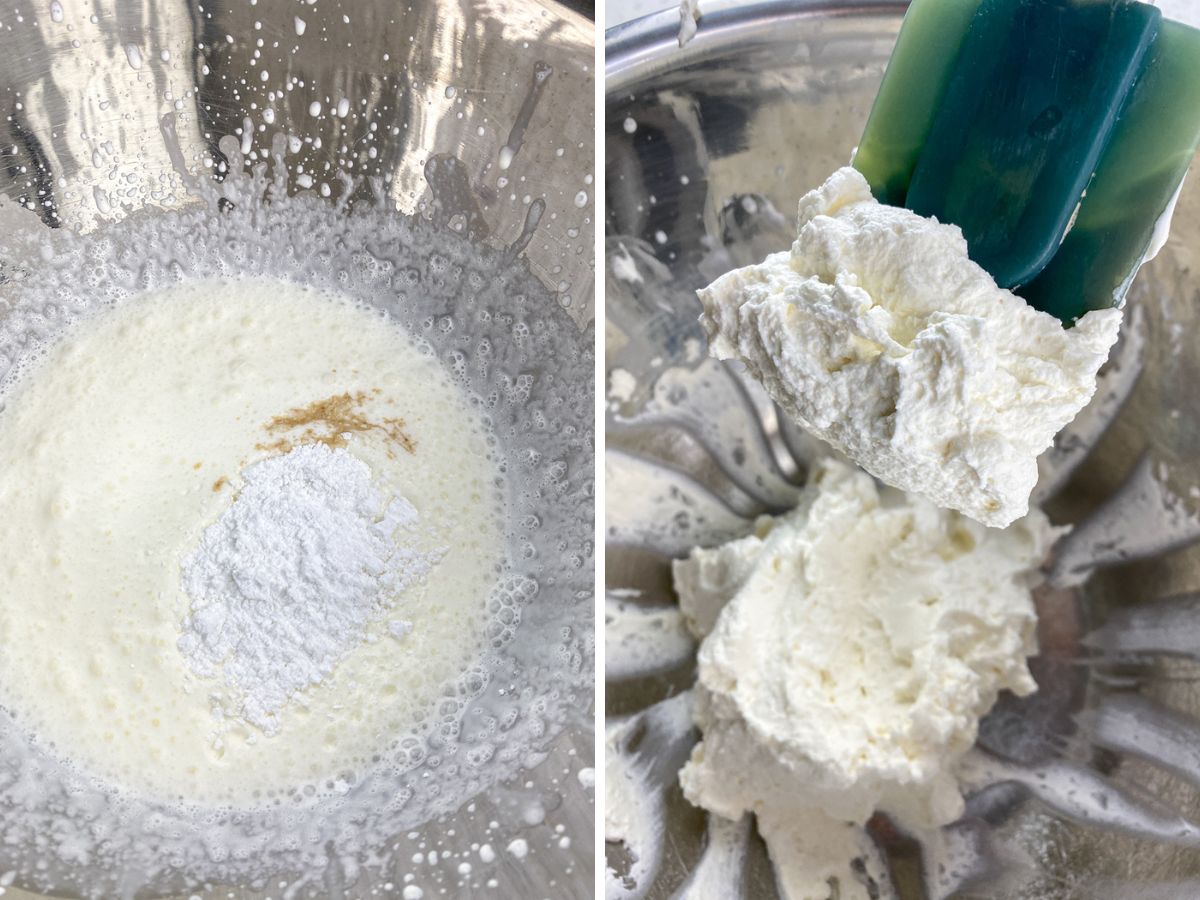 A split image showing the process of making whipped cream. The left side shows heavy cream in a mixing bowl with powdered sugar and vanilla added. The right side shows the fully whipped cream on a rubber spatula being held over the mixing bowl.