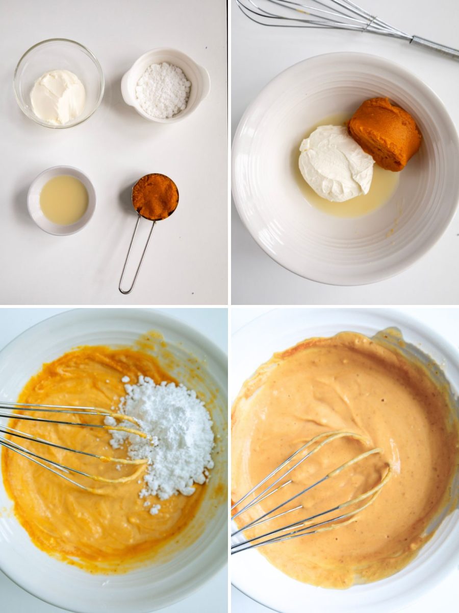  A four-panel image showing the process of making the frosting. The top left shows the four ingredients in bowls. The top right shows cream cheese, pumpkin puree, and milk in a mixing bowl. The bottom left shows powdered sugar being added. The bottom right shows the finished, smooth pumpkin-colored frosting being whisked in the bowl.
