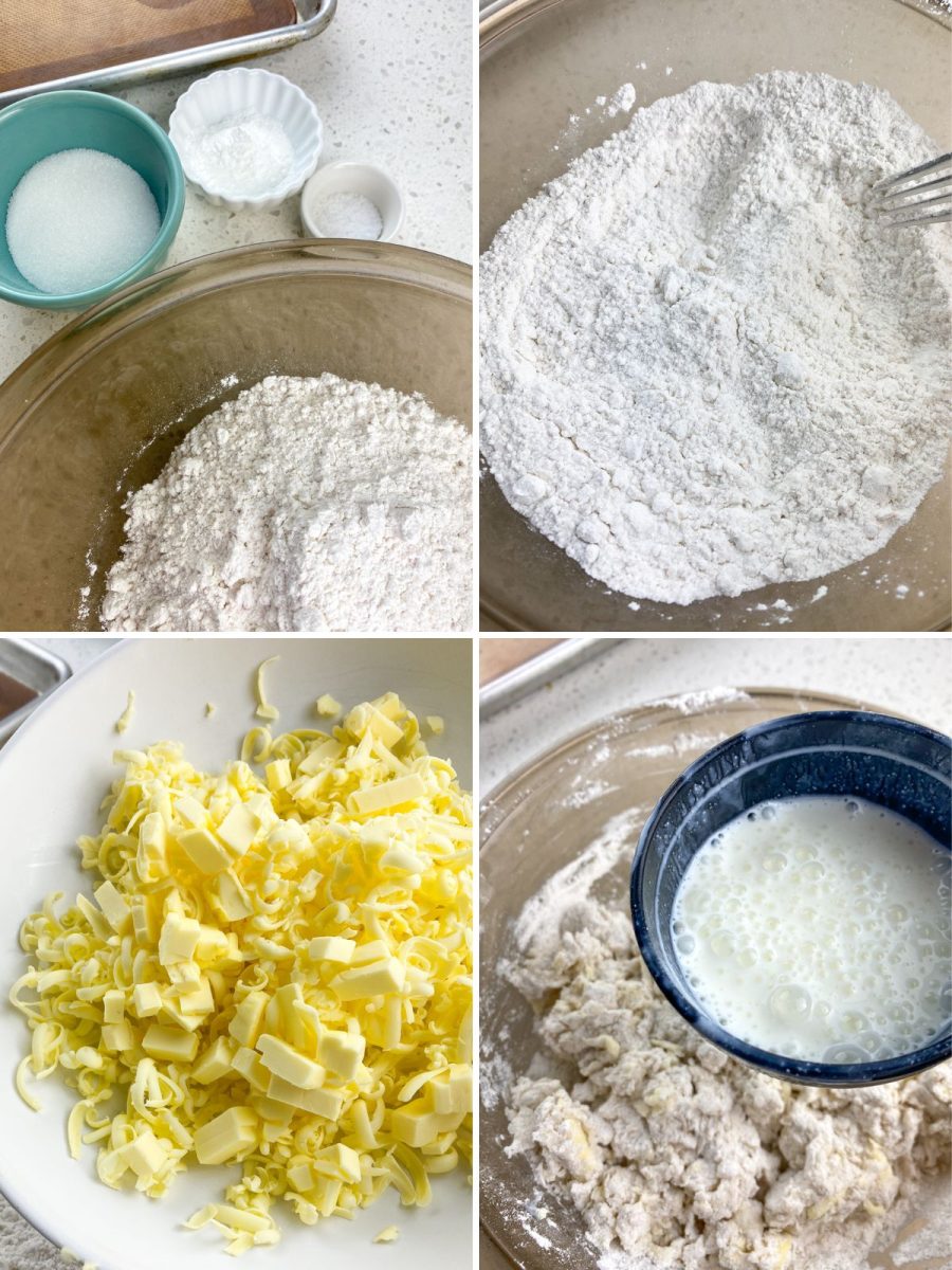 A four-part grid image showing the process of mixing biscuit dough. The top-left shows dry ingredients in a large bowl with smaller bowls of sugar, baking powder, and salt next to it. The top-right shows the dry ingredients whisked together. The bottom-left shows a bowl of grated cold butter. The bottom-right shows milk being poured into the dry ingredients and butter to form the dough.