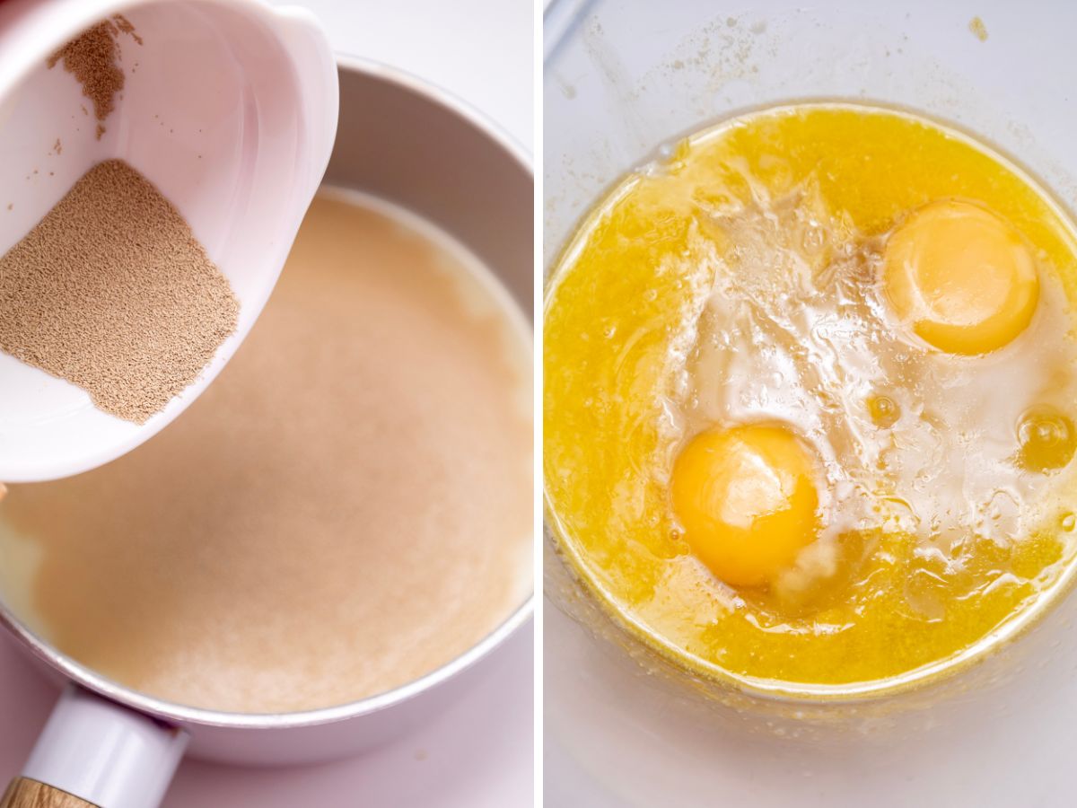 A split image showing the process of making the dough. The left side shows a pink saucepan with lukewarm milk, yeast, and sugar. The right side shows a clear bowl with melted butter and two eggs.