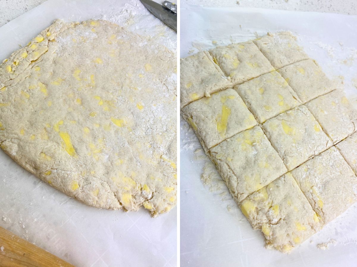 A split image showing the process of making dough. The left side shows biscuit dough patted into a rectangle on a sheet of parchment paper. The right side shows the rectangle of dough cut into 12 equal squares.