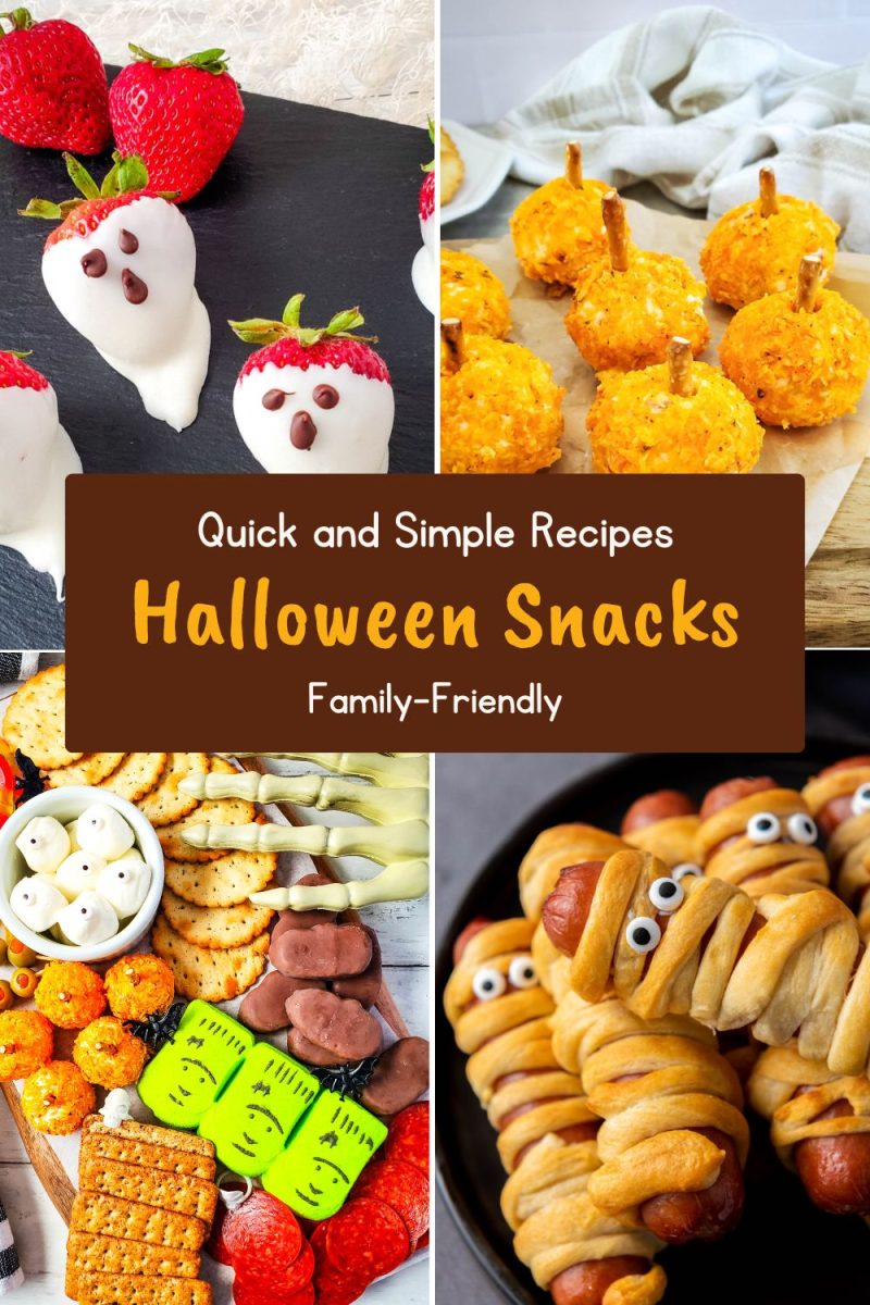 An assortment of spooky Halloween snacks is shown in a collage. The top-left corner features strawberries dipped in white chocolate with chocolate chip eyes to look like ghosts. In the top-right, small cheese balls are formed into pumpkins with pretzel stick stems. The bottom-left shows a snack board with cheese cubes, various crackers, and spooky-themed candies. The bottom-right features hot dogs wrapped in crescent roll dough to resemble mummies, complete with candy eyes.