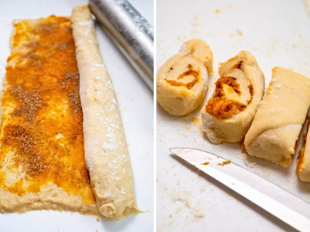 A split image showing how to form the rolls. The left side shows the dough being rolled into a log after the filling has been added. The right side shows the log being sliced into individual rolls with a knife.
