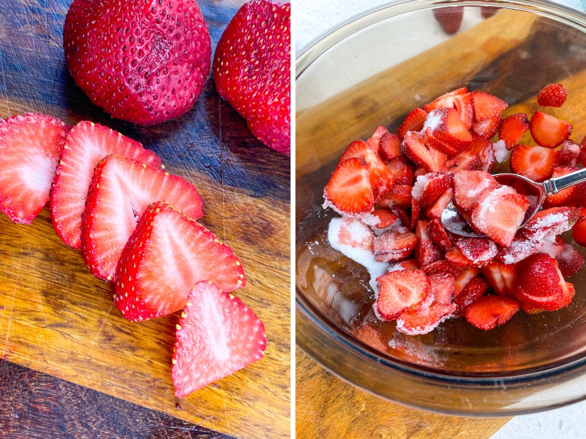 A split image of preparing strawberries. The left side shows several whole strawberries on a wooden cutting board with a few sliced strawberries fanned out. The right side shows a glass bowl of sliced strawberries mixed with sugar and their natural juices.