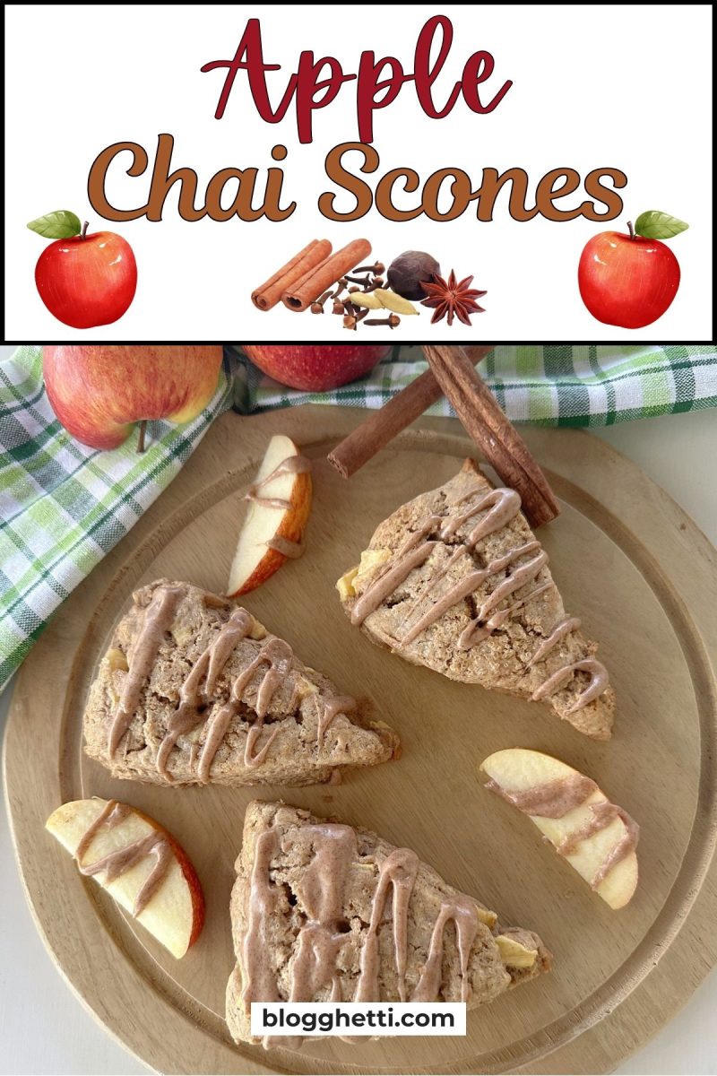 An image showing a close-up of three glazed apple chai scones on a wooden cutting board, with apple slices and cinnamon sticks. The top of the image has text that reads "Apple Chai Scones" with watercolor illustrations of apples and spices.
