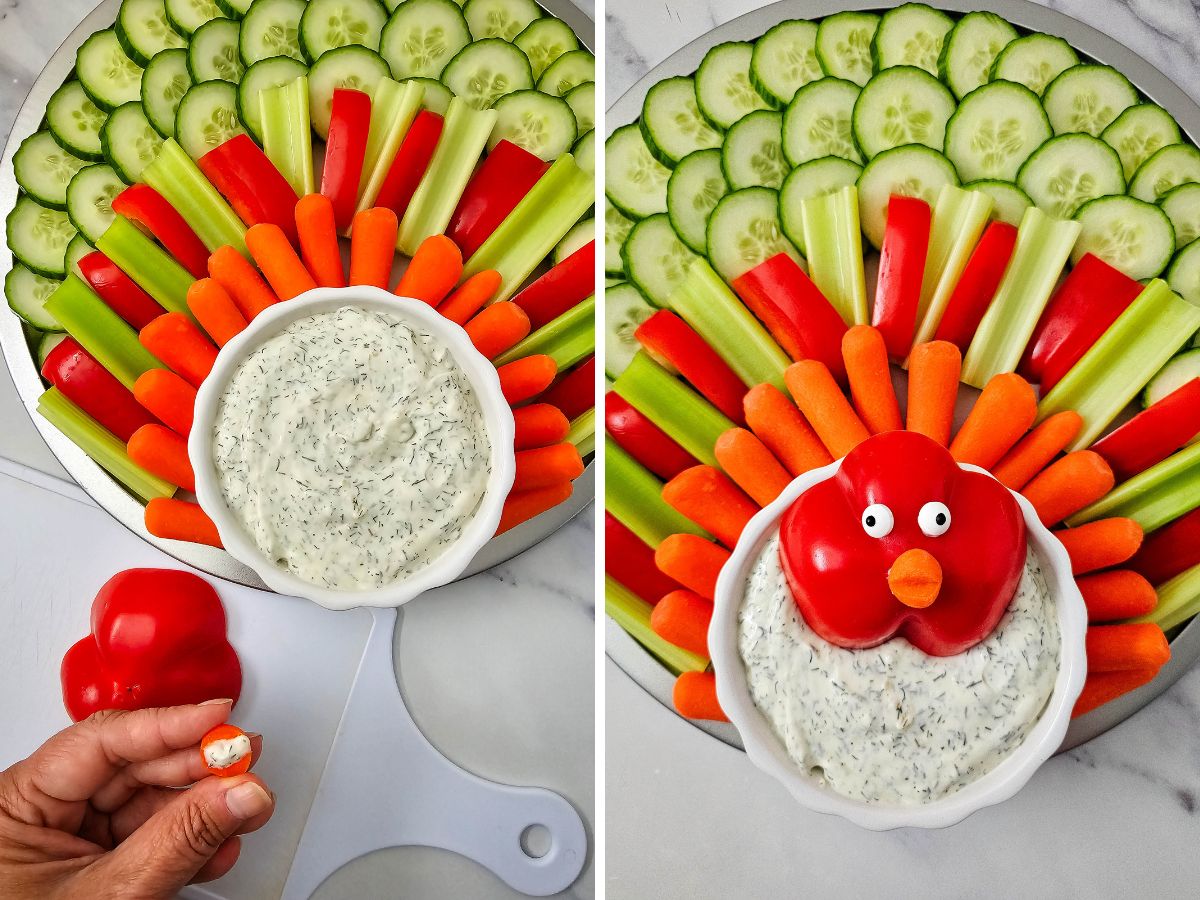 A two-part image showing the final step of assembling the turkey veggie platter. On the left, a hand holds the red pepper turkey face with a carrot beak and candy eyeballs. On the right, the completed platter with the red pepper face placed on the bowl of dip.
