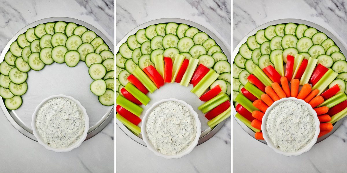 A three-part image showing the step-by-step assembly of the turkey veggie platter. From left to right, the images show the first layer of cucumbers, the addition of celery and red peppers, and finally the last layer of carrots.