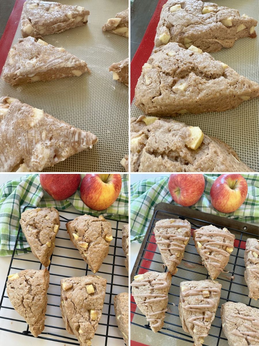 A four-panel image showing the baking process for apple chai scones. The top left shows unbaked scones with an egg wash on a silicone baking mat. The top right shows the scones baked and golden brown. The bottom left shows baked scones cooling on a wire rack. The bottom right shows the cooled scones being drizzled with a chai-spiced glaze.