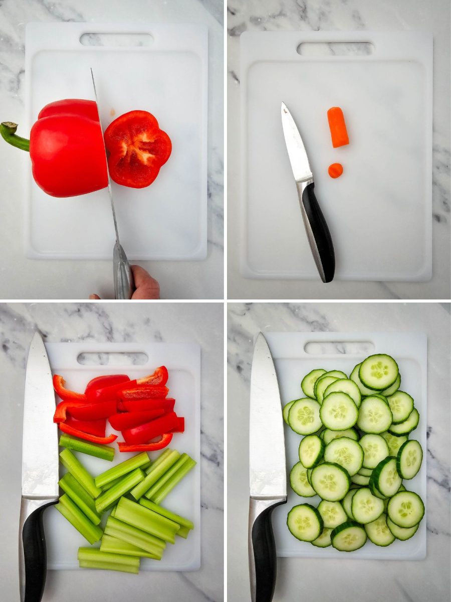 A four-panel image showing the steps for cutting vegetables. From top-left to bottom-right, the images show cutting a red pepper, a small carrot piece for the beak, chopped red pepper and celery, and finally, sliced cucumbers on a cutting board.