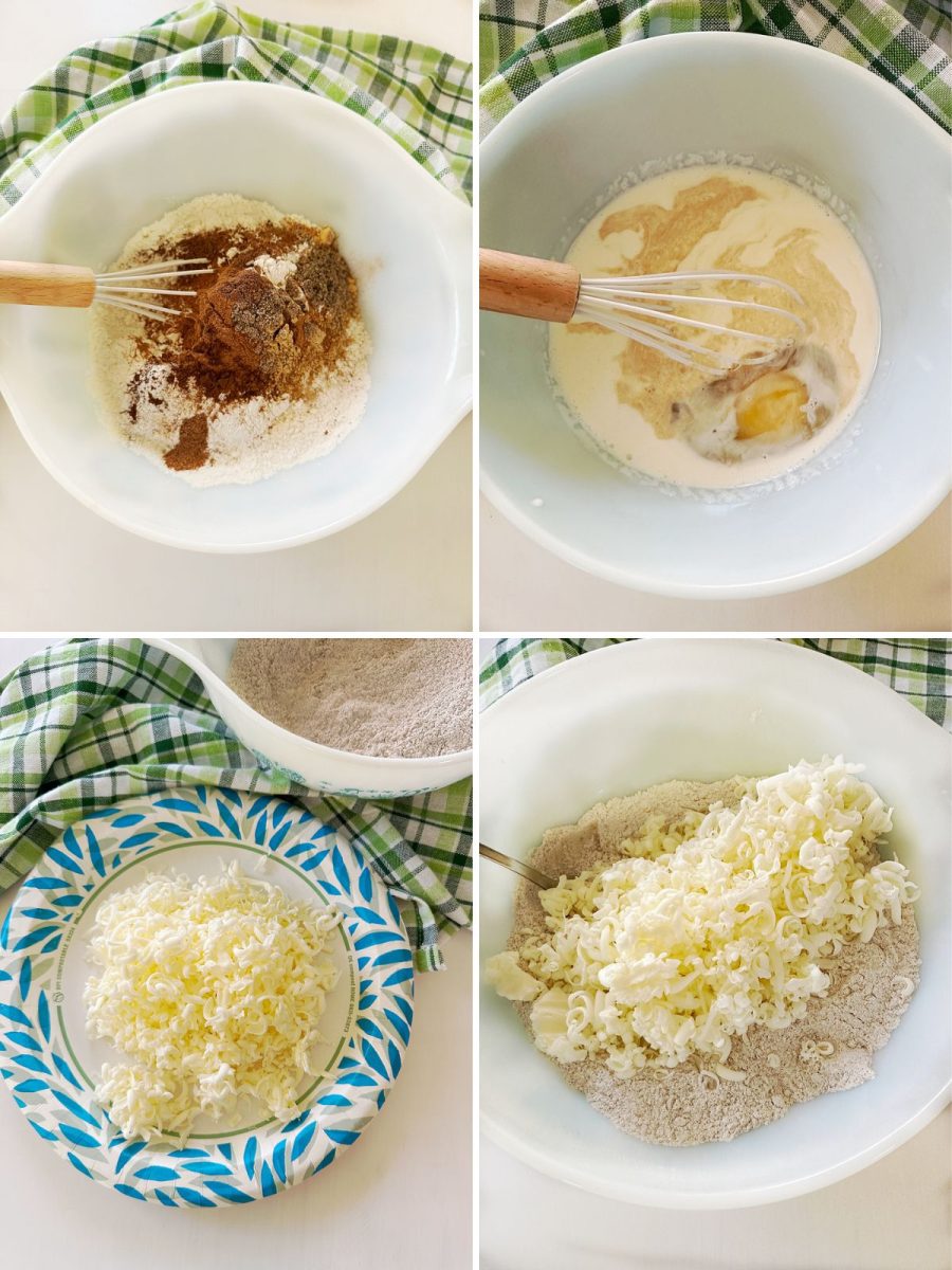 A four-panel image showing the initial steps of mixing the scone dough. The top left shows a bowl of dry ingredients like flour and spices being whisked. The top right shows a bowl with wet ingredients, including milk and an egg, being whisked. The bottom left shows a plate with grated frozen butter. The bottom right shows the grated butter being mixed into the dry ingredients in a large bowl.