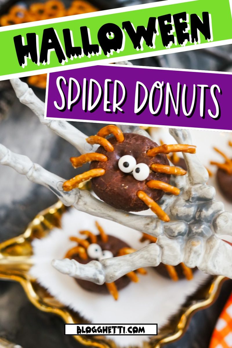A mini chocolate spider donut held by a skeleton hand with a banner overlay that reads "Halloween Spider Donuts" and a website URL at the bottom.